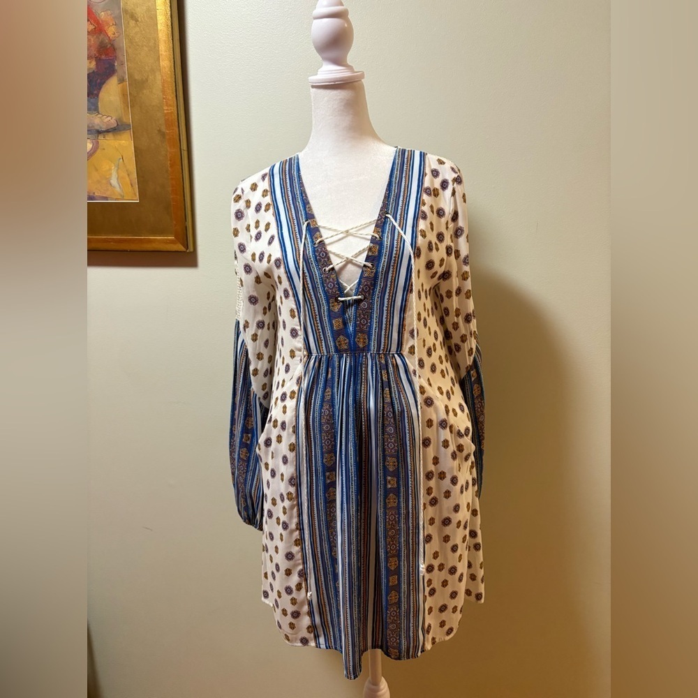 Free People Rain or shine mini boho dress cream blue sz XS - Picture 4 of 9